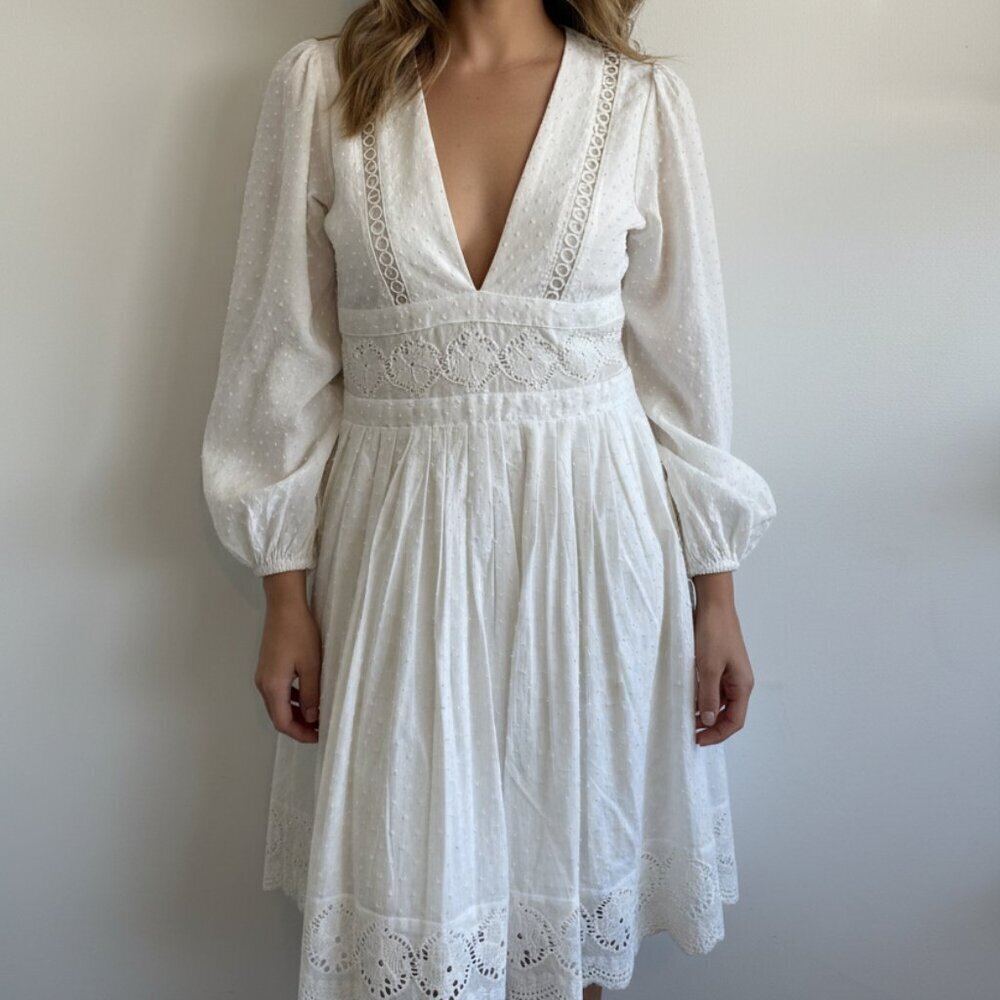Aqua White Long Sleeve V-Neck Lace Trim Dress